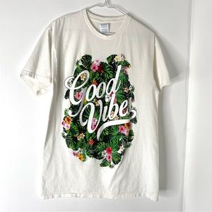 Good Vibes Graphic Tee White Floral Foliage Graphic Crew Neck Cotton T Shirt